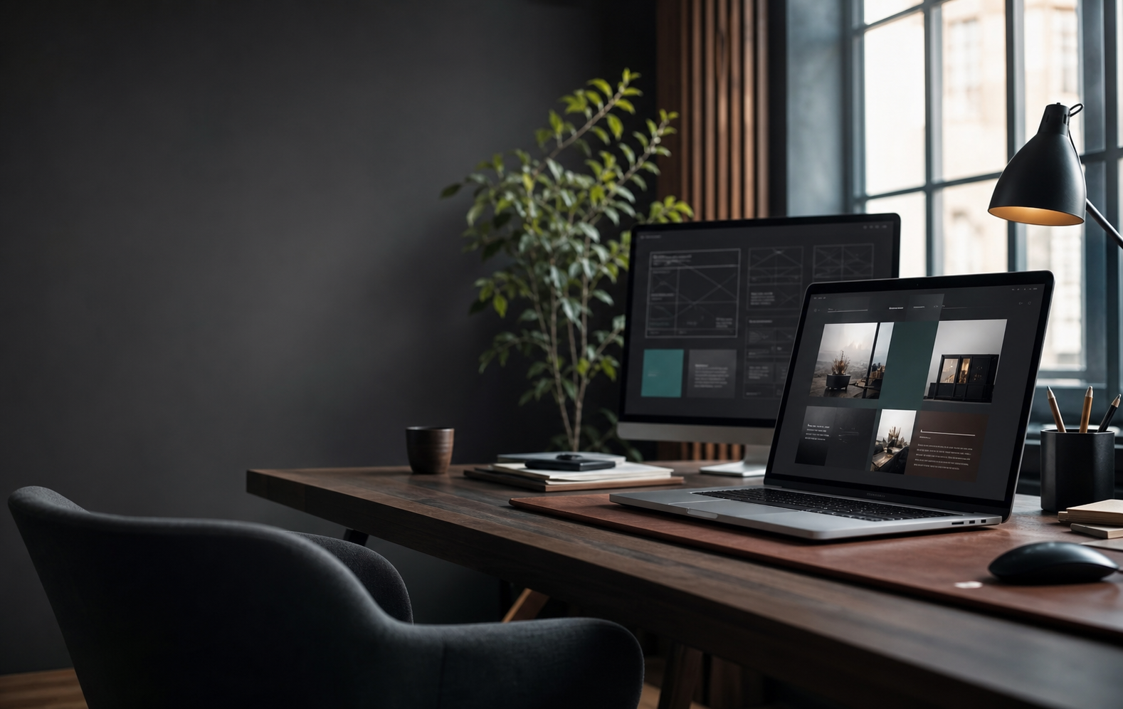 Modern workspace with a laptop showing a professional website design